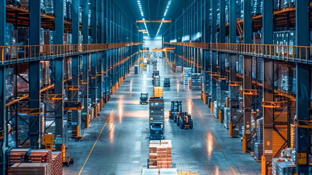 Carrelli elevatori a guida autonoma in funzione all’interno di un magazzino automatizzato con scaffalature alte e merci stoccate.