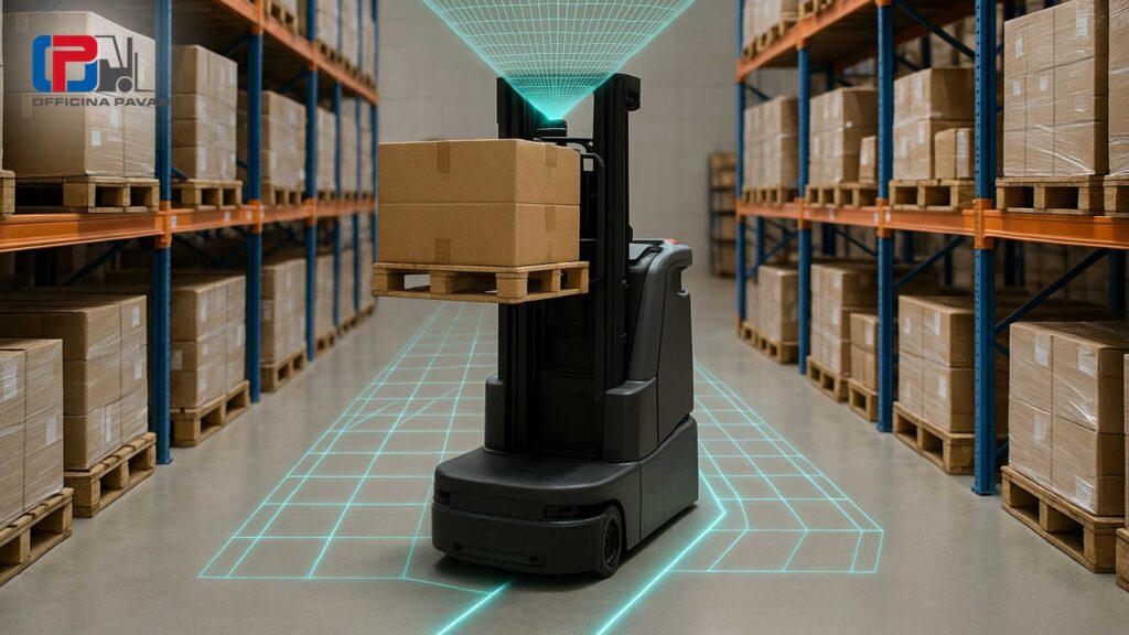 Carrello elevatore a guida autonoma che trasporta pallet in un magazzino automatizzato con scaffalature piene di merci