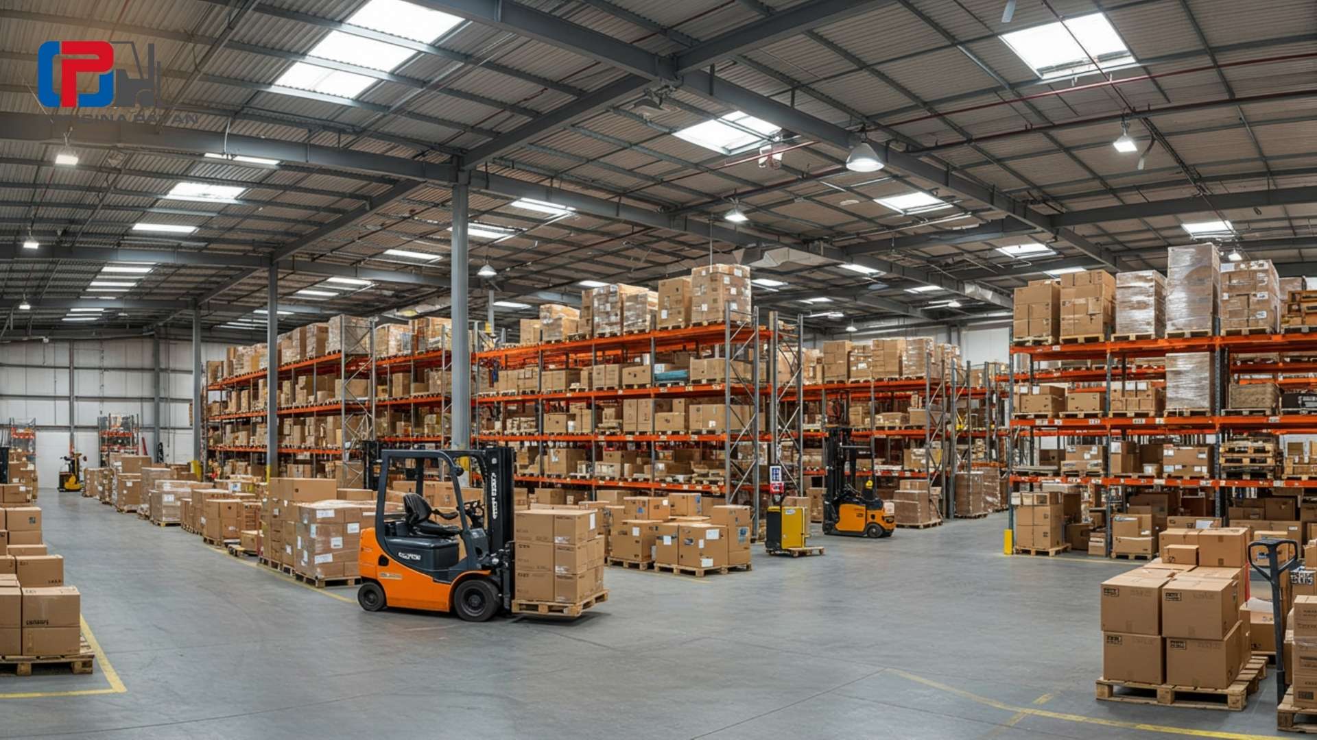 Interno di magazzino logistico con scaffalature cariche di merci e carrello elevatore in funzione per la gestione dello stoccaggio.