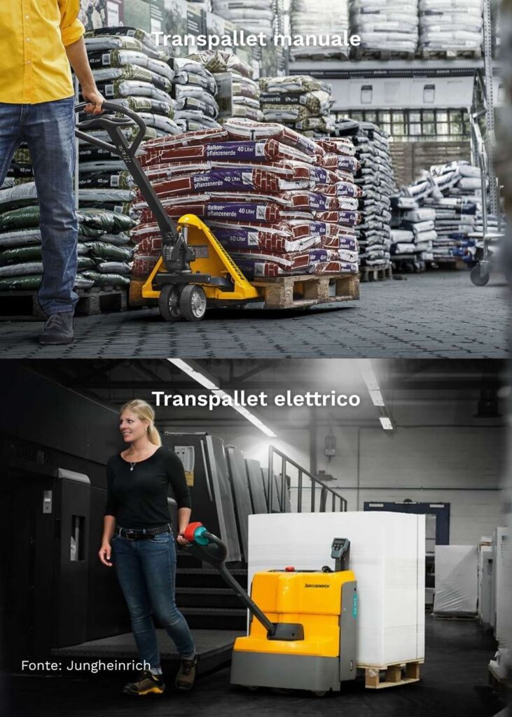 Confronto tra transpallet manuale e transpallet elettrico utilizzati per la movimentazione pallet in magazzino.