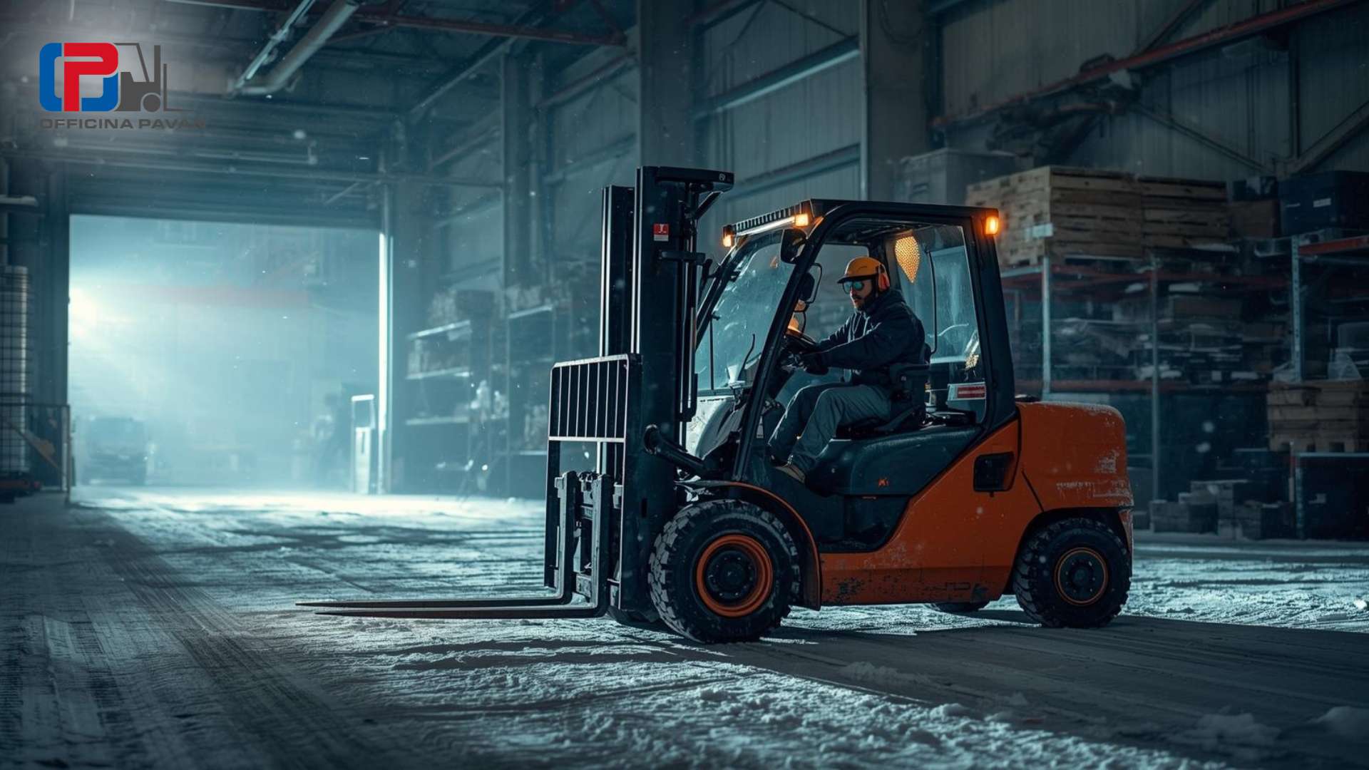 Carrello elevatore in funzione all’interno di un magazzino durante la stagione fredda.